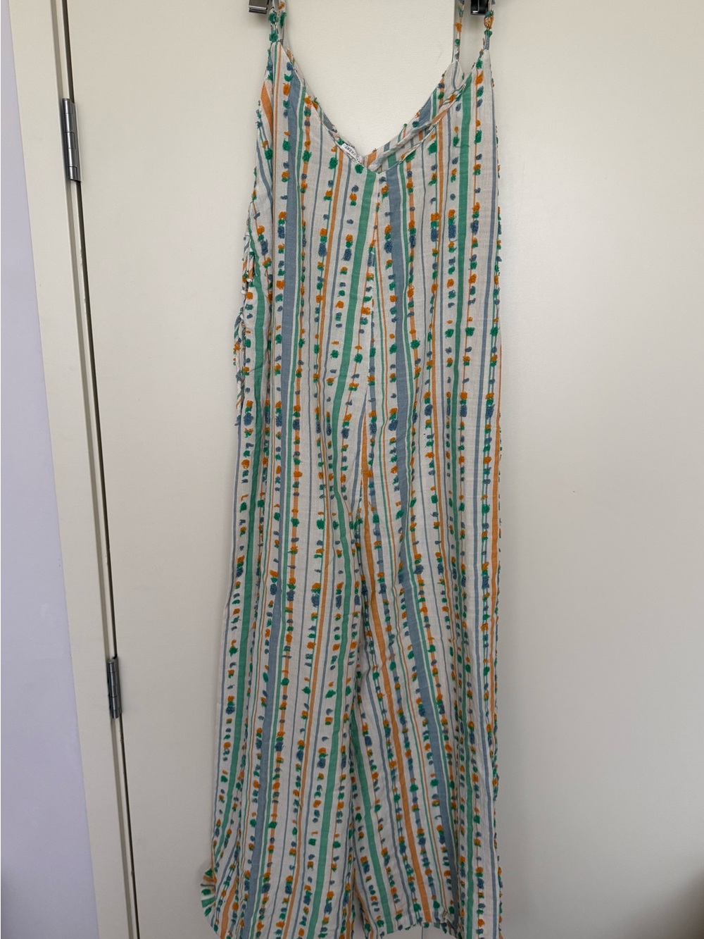 Bohemian Woven Cotton Flowy Thin Strap Wide Leg Side Tie Jumpsuit Small/Medium